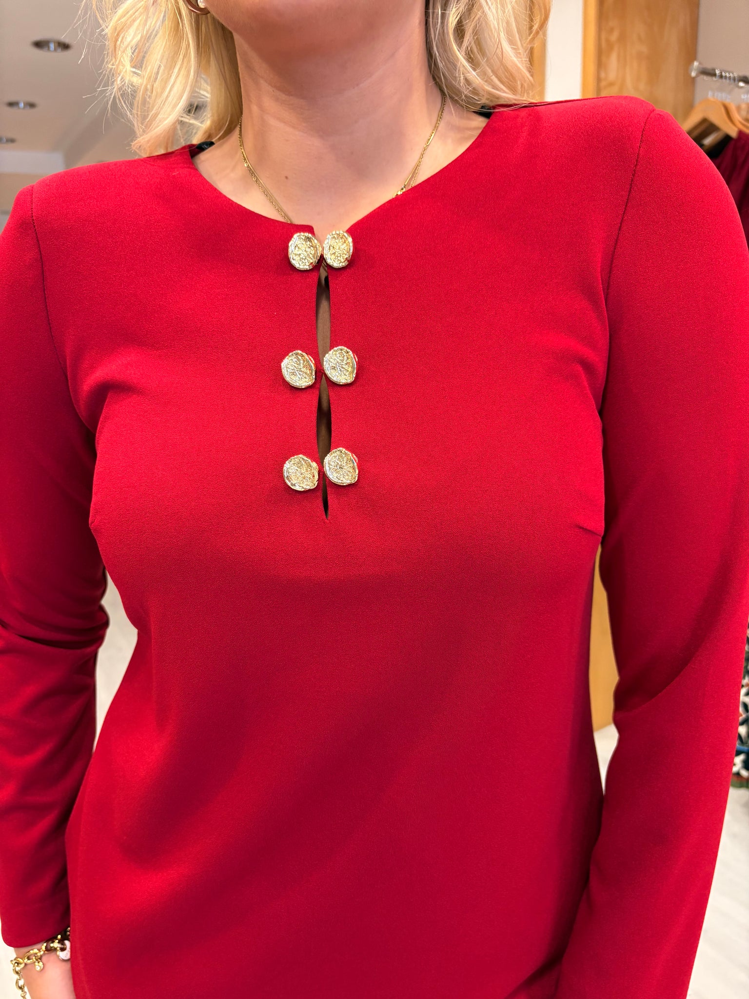 Arggido Red Shift Dress with Gold Button Detail