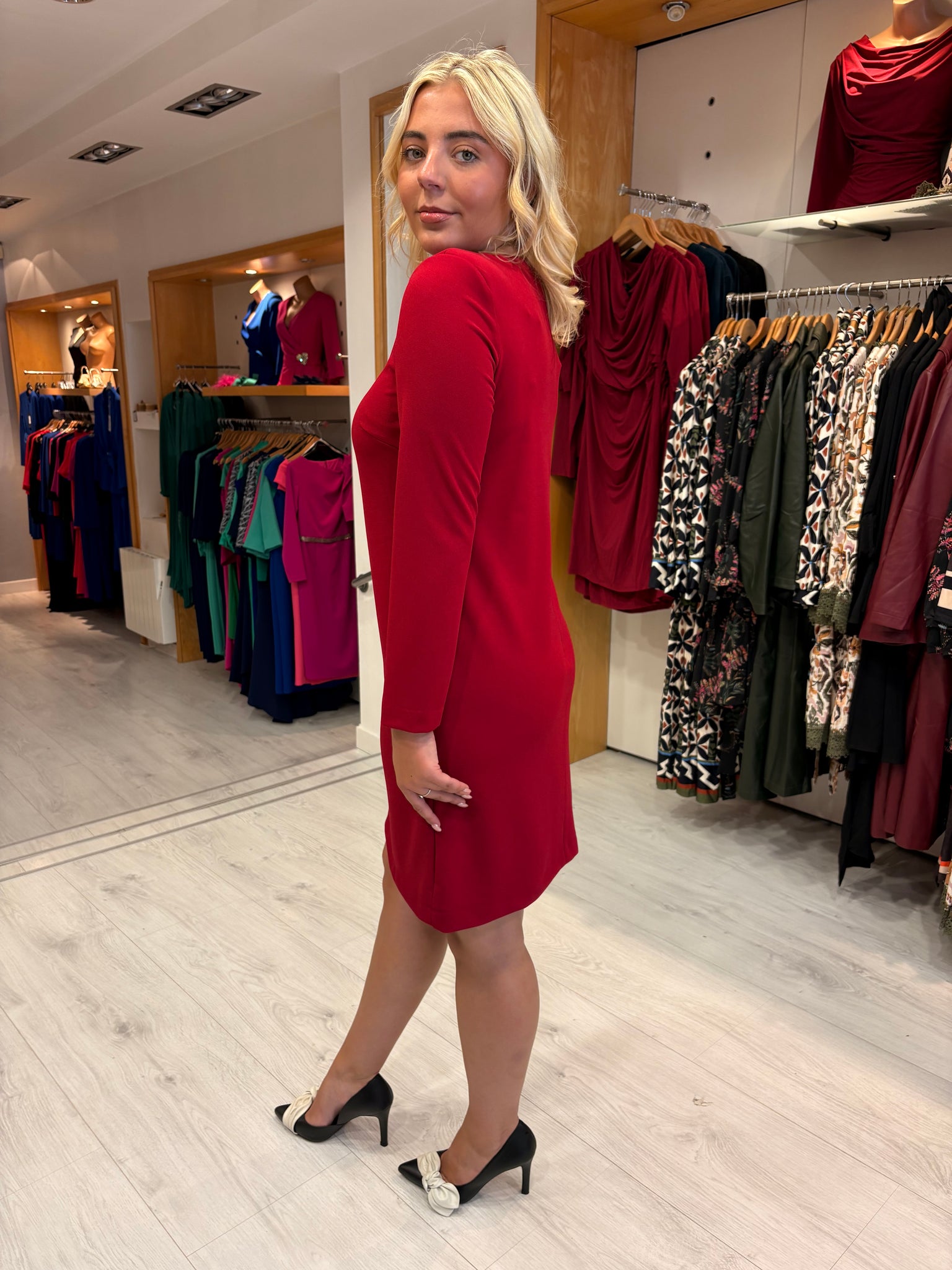 Arggido Red Shift Dress with Gold Button Detail