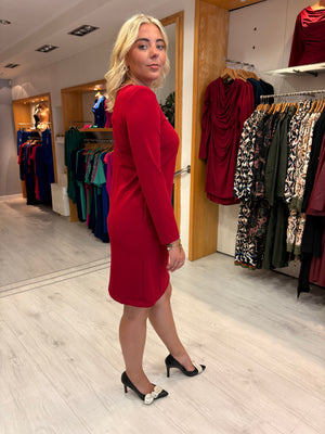 Arggido Red Shift Dress with Gold Button Detail