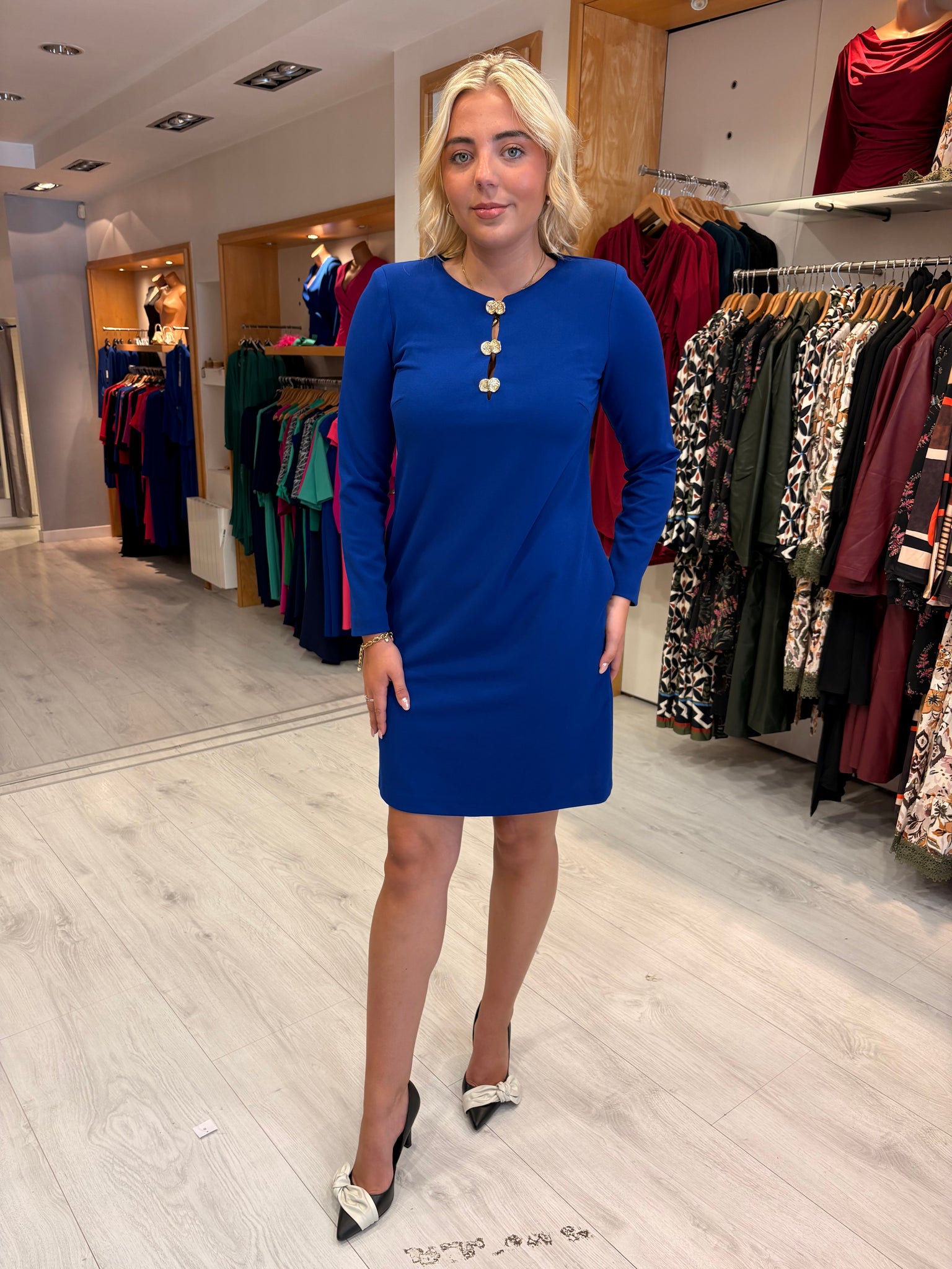 Arggido Blue Shift Dress with Gold Button Detail
