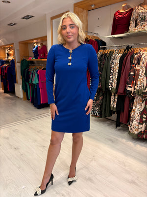 Arggido Blue Shift Dress with Gold Button Detail