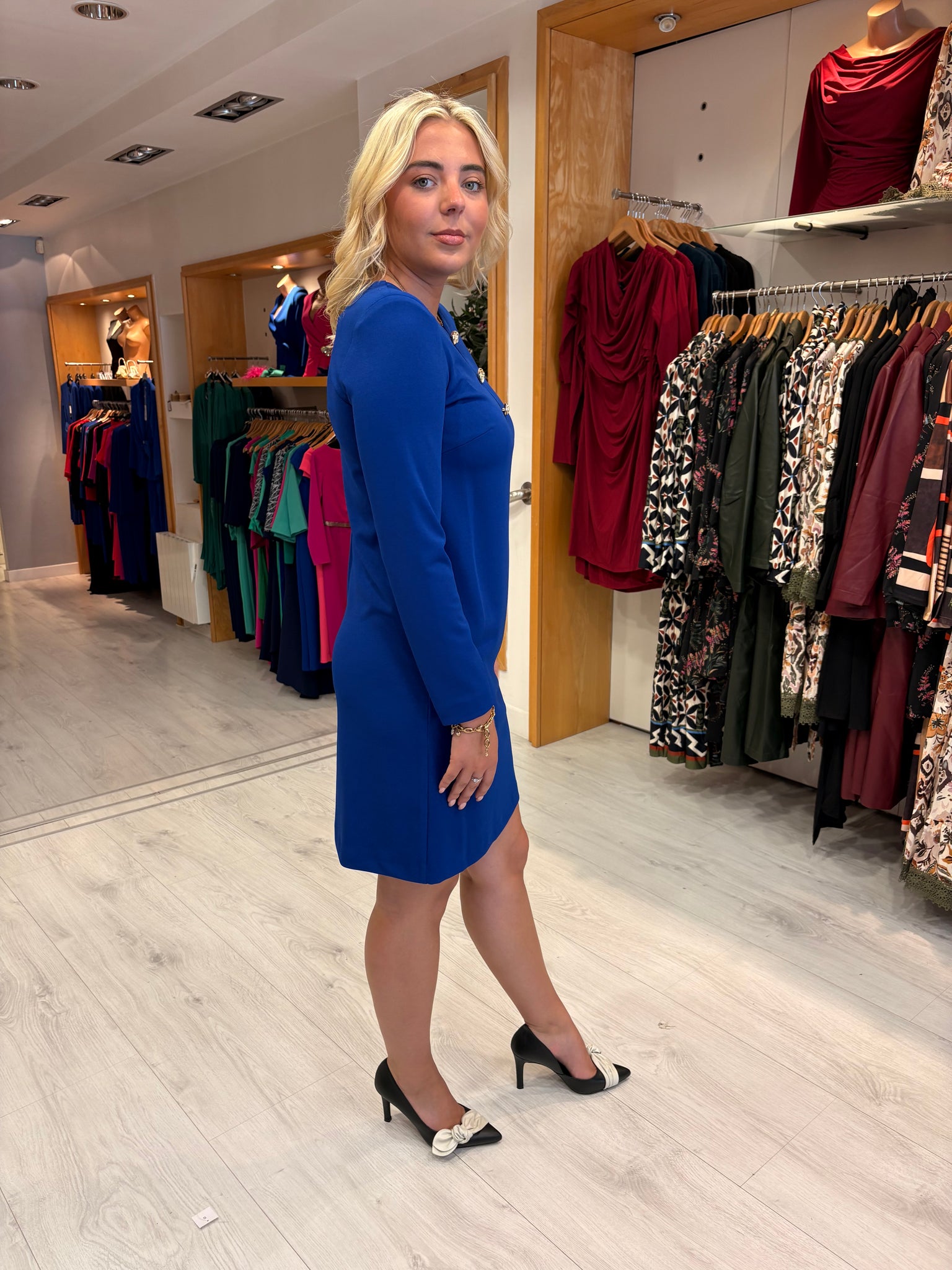 Arggido Blue Shift Dress with Gold Button Detail