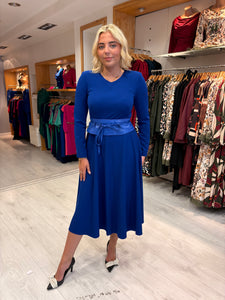 Arggido Royal Blue Midi Dress with Waist Tie