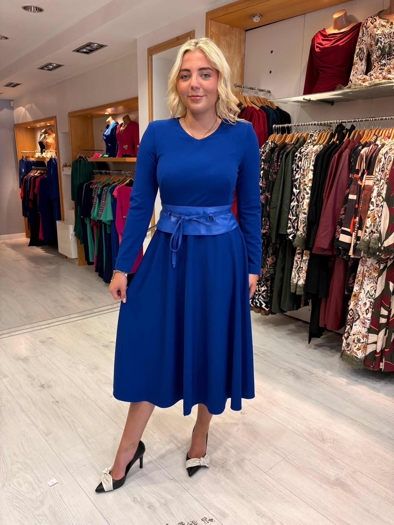 Arggido Royal Blue Midi Dress with Waist Tie
