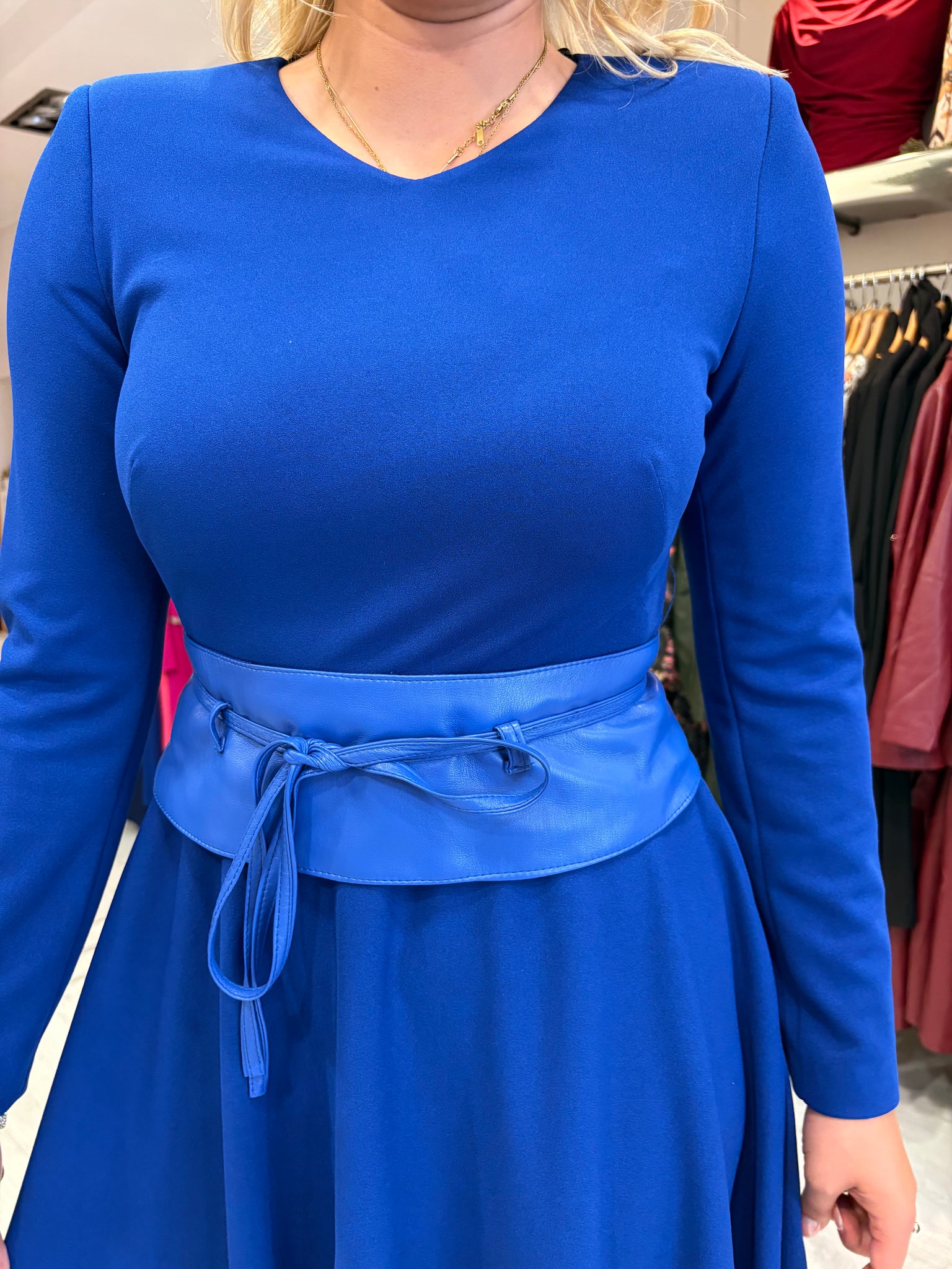 Arggido Royal Blue Midi Dress with Waist Tie