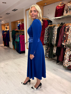 Arggido Royal Blue Midi Dress with Waist Tie
