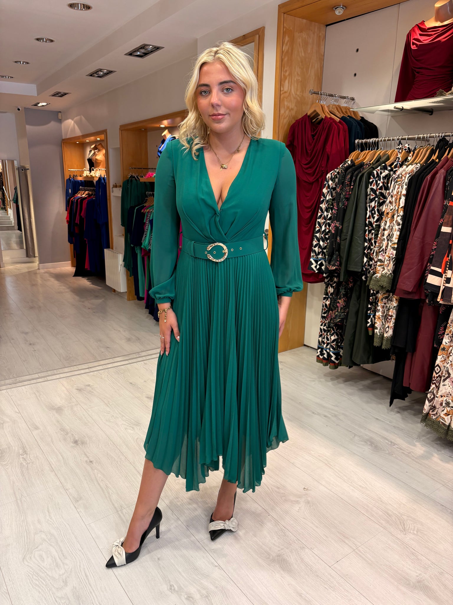 Carla Ruiz Emerald Pleated Midi Dress with Belted Waist