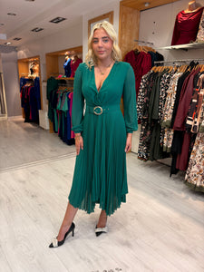 Carla Ruiz Emerald Pleated Midi Dress with Belted Waist