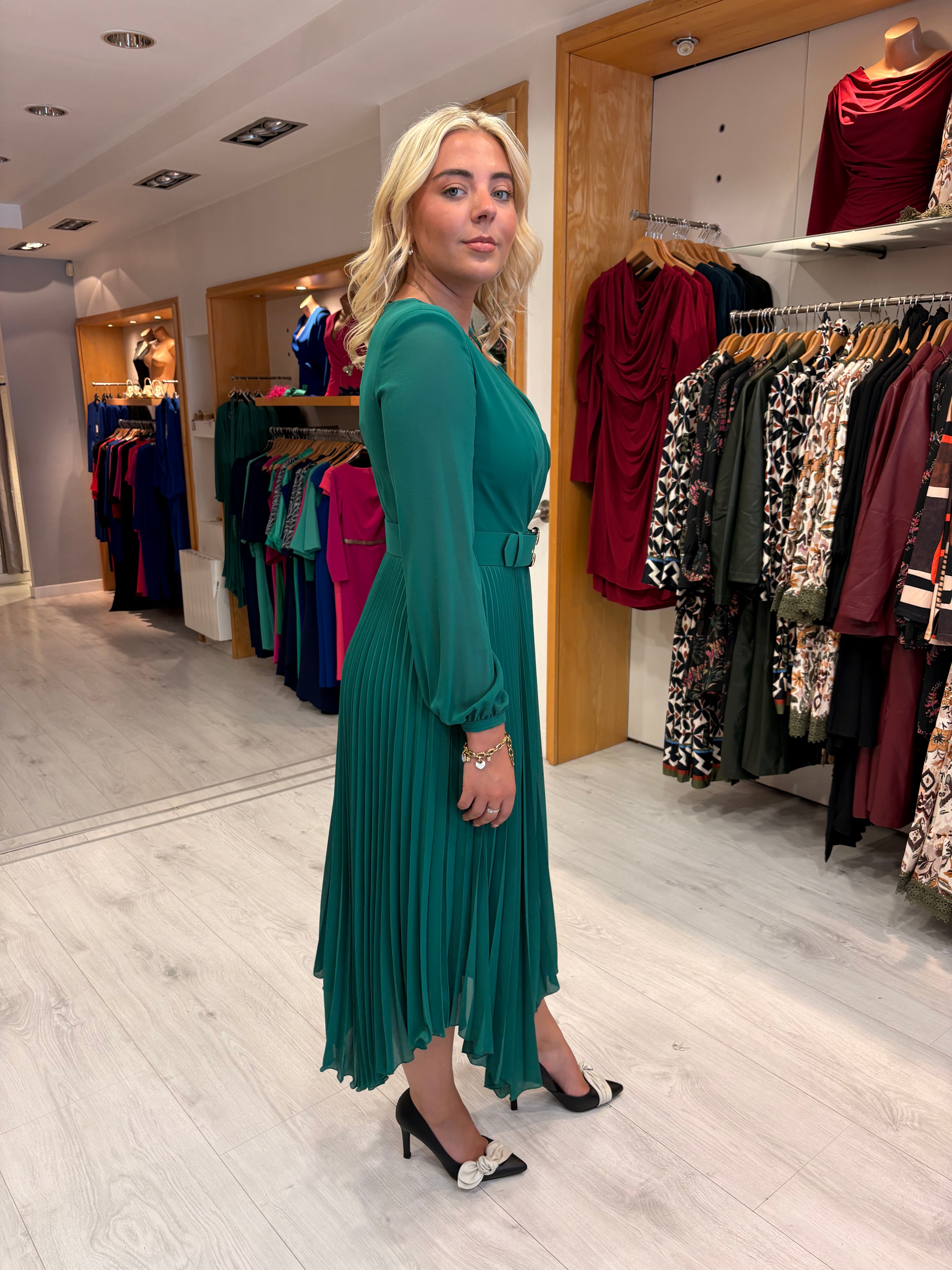 Carla Ruiz Emerald Pleated Midi Dress with Belted Waist