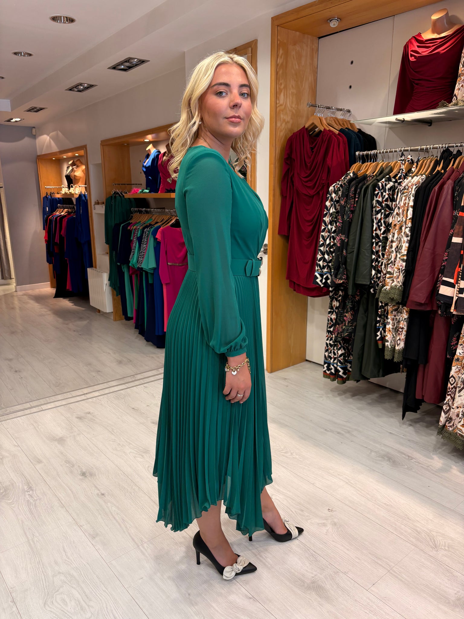 Carla Ruiz Emerald Pleated Midi Dress with Belted Waist