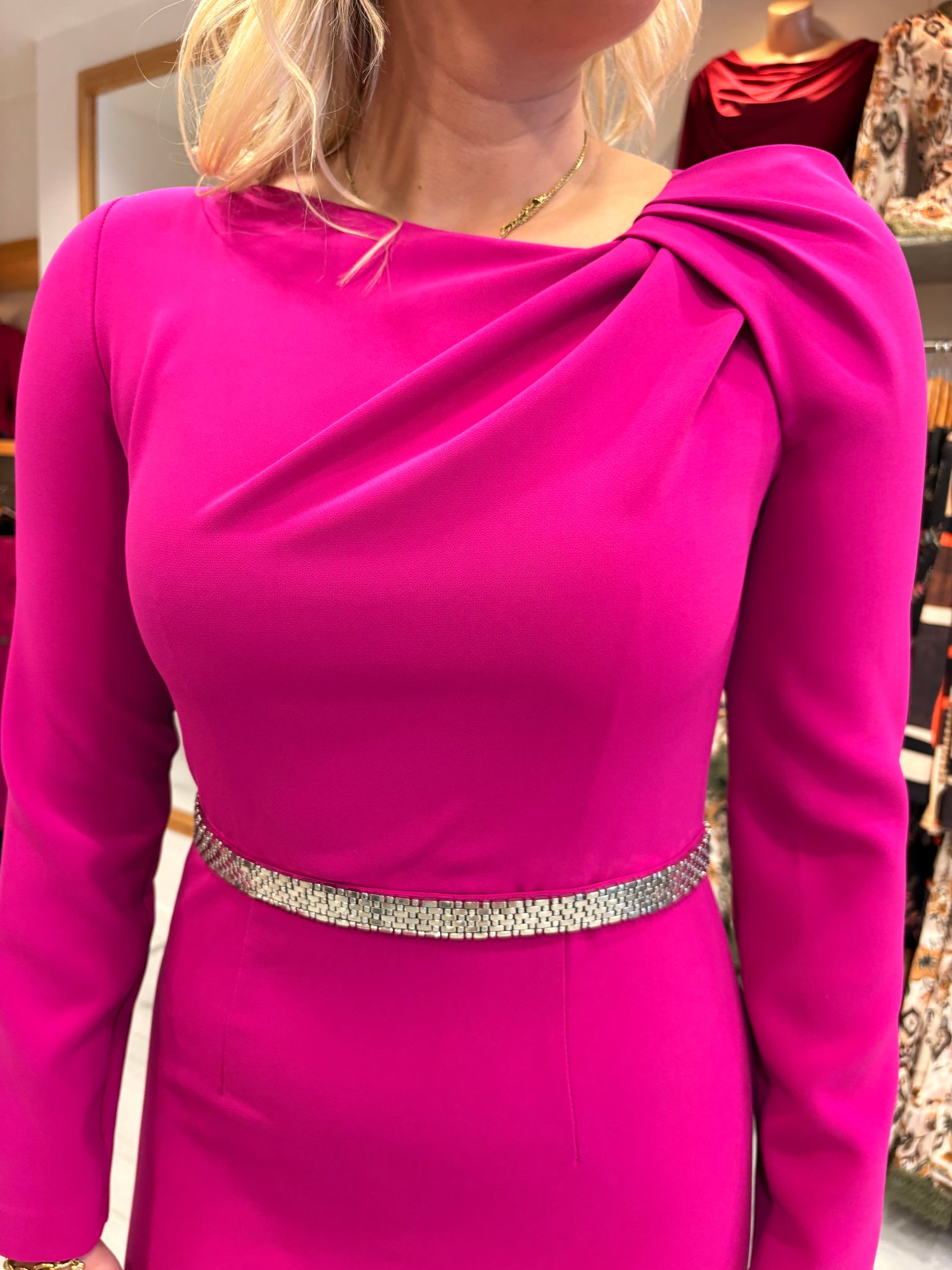 Carla Ruiz Fuchsia Midi Dress with Crystal Belt