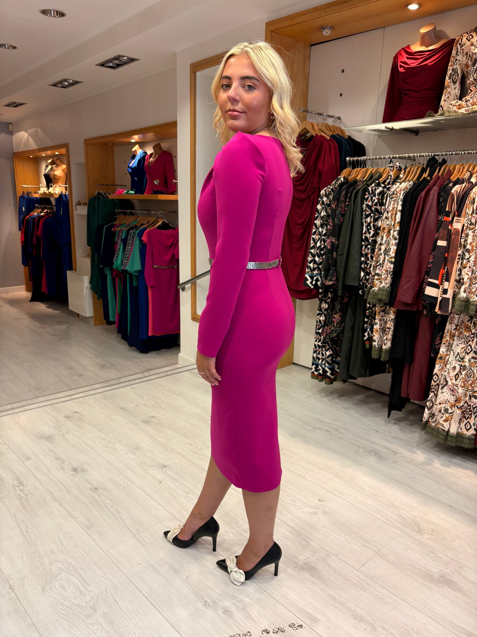 Carla Ruiz Fuchsia Midi Dress with Crystal Belt