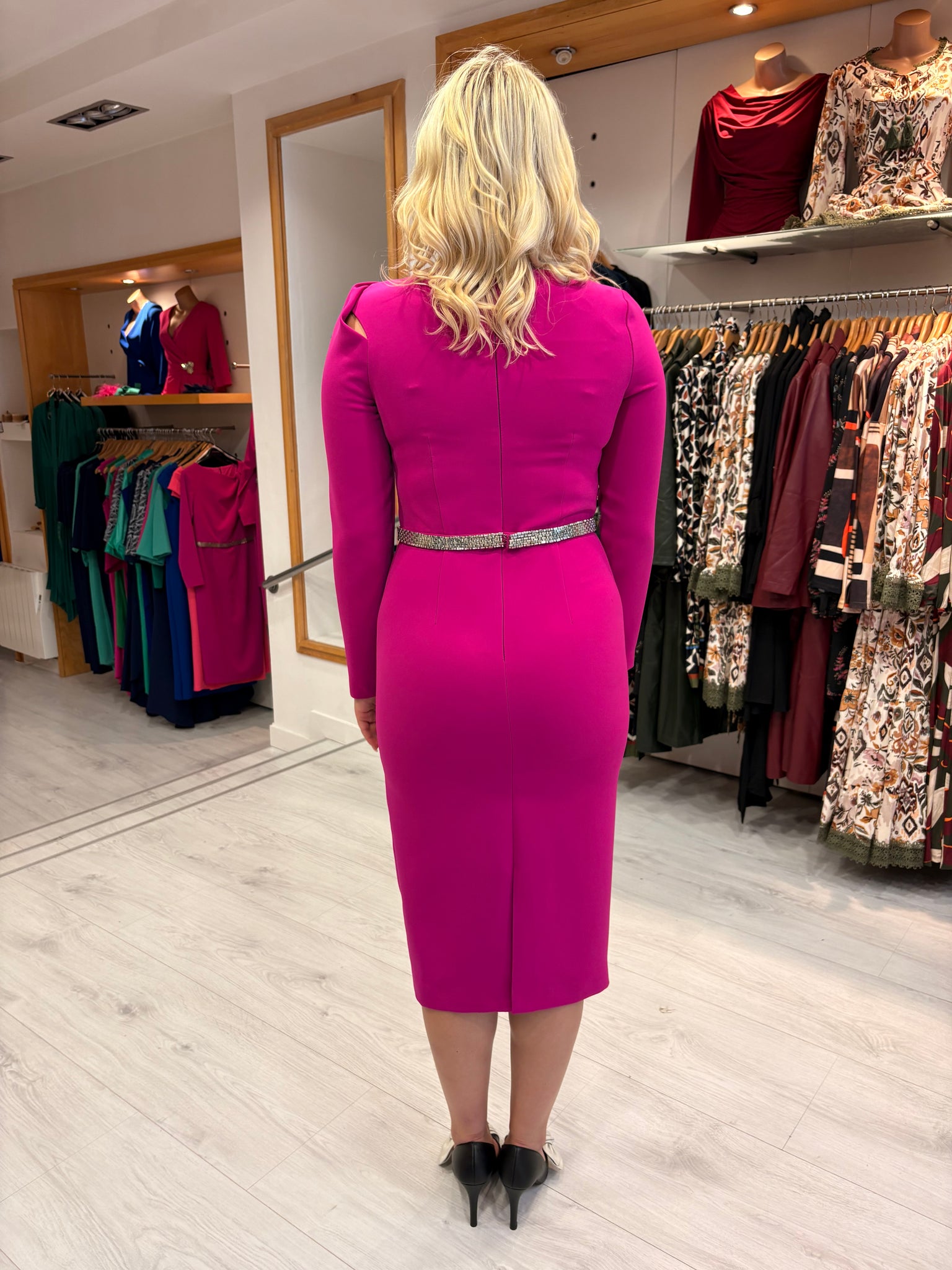 Carla Ruiz Fuchsia Midi Dress with Crystal Belt