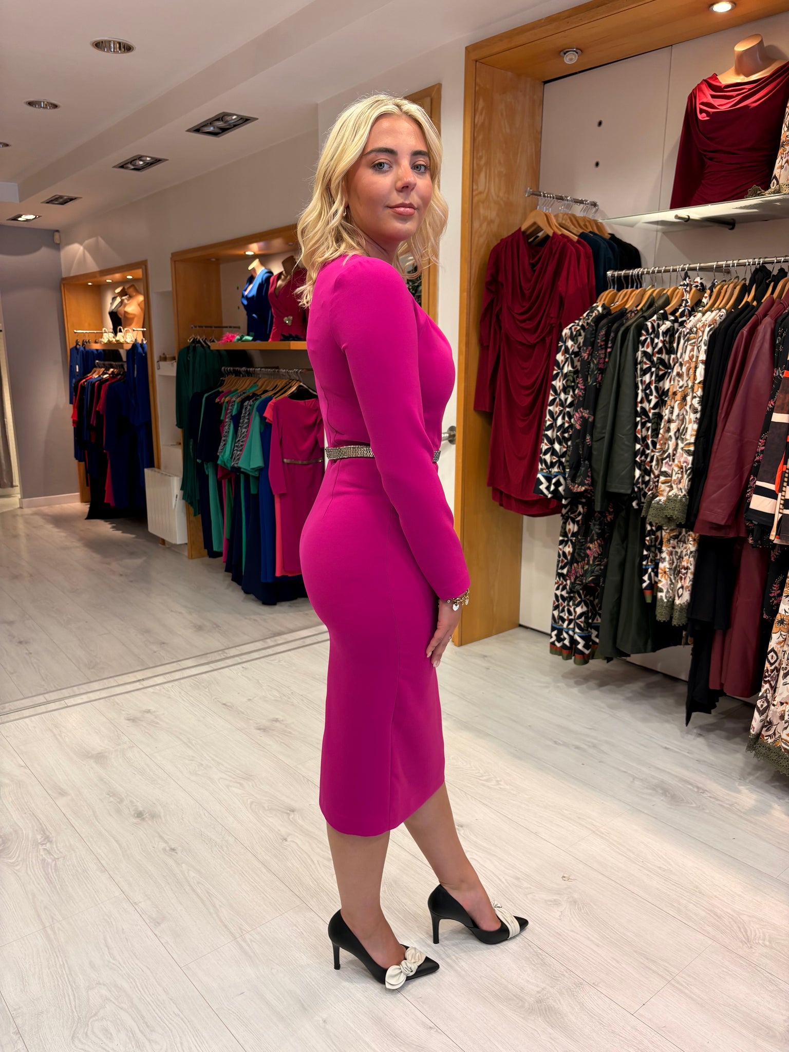Carla Ruiz Fuchsia Midi Dress with Crystal Belt