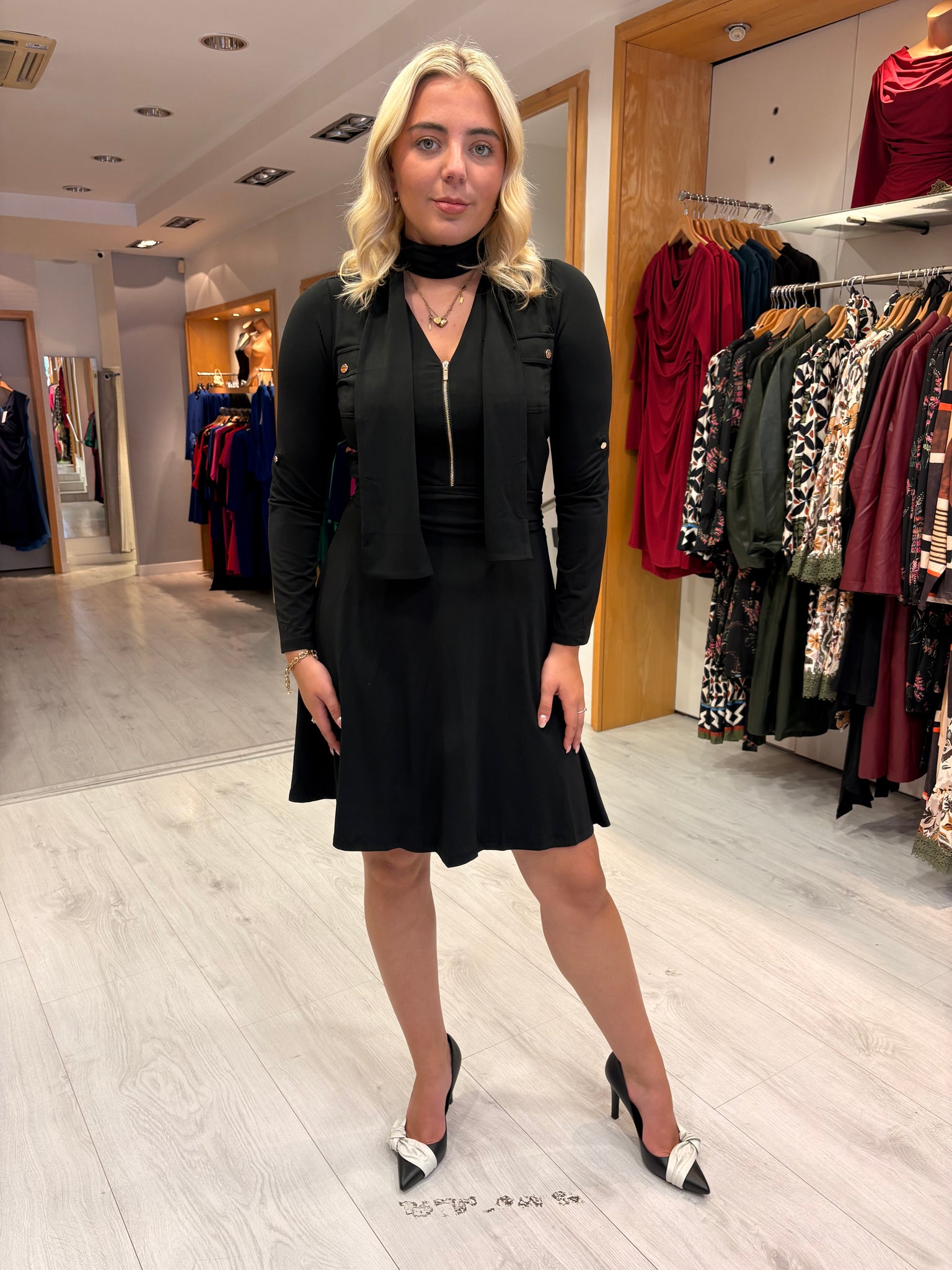 K Design Black Zip-Front Flare Dress with Scarf Detail