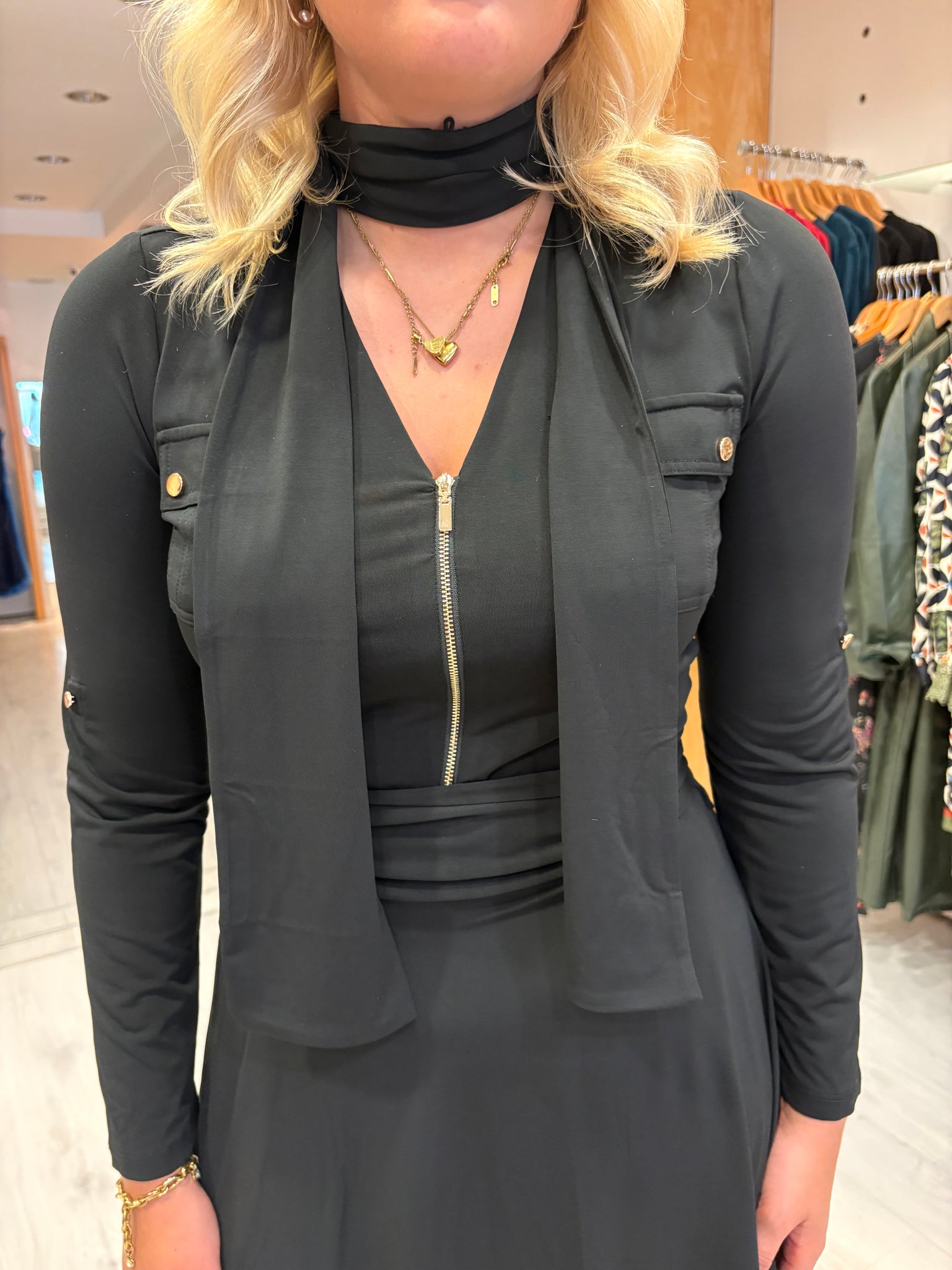 K Design Black Zip-Front Flare Dress with Scarf Detail