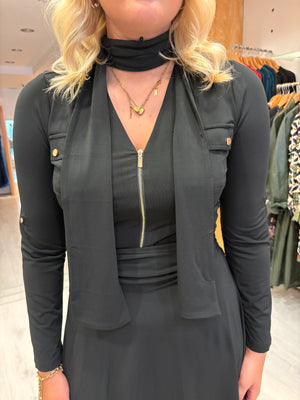 K Design Black Zip-Front Flare Dress with Scarf Detail