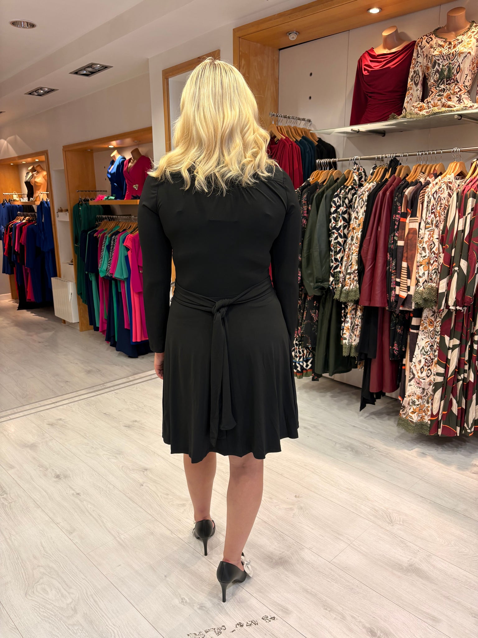 K Design Black Zip-Front Flare Dress with Scarf Detail