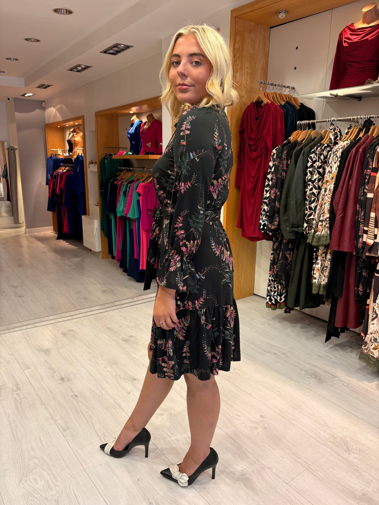 K Design Black Floral Ruffle Hem Dress