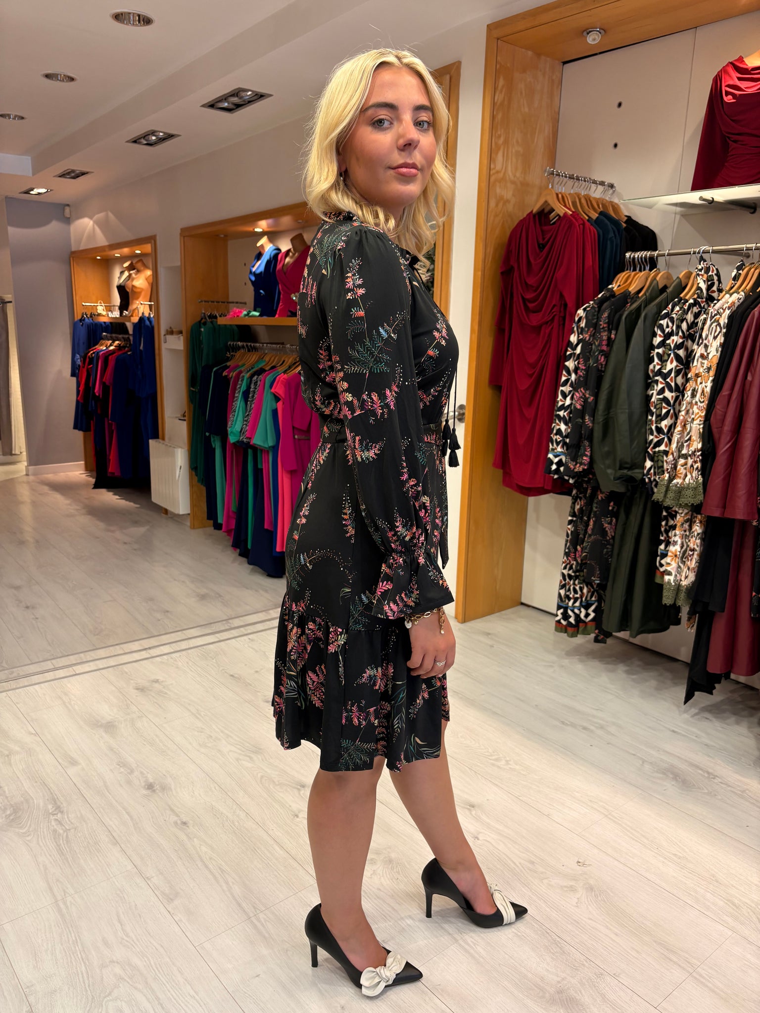 K Design Black Floral Ruffle Hem Dress