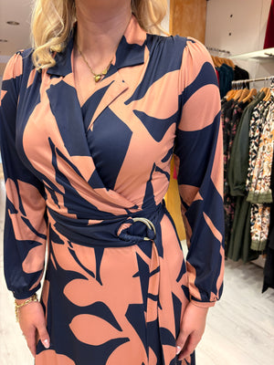 K Design Navy & Peach Leaf Print Wrap Dress