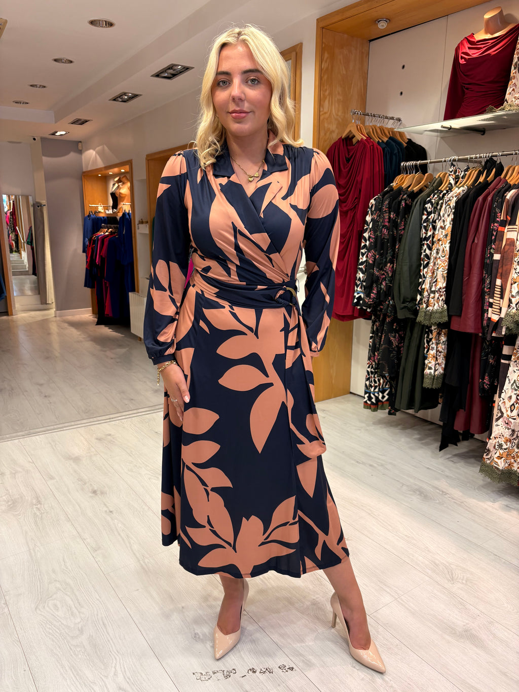 K Design Navy & Peach Leaf Print Wrap Dress