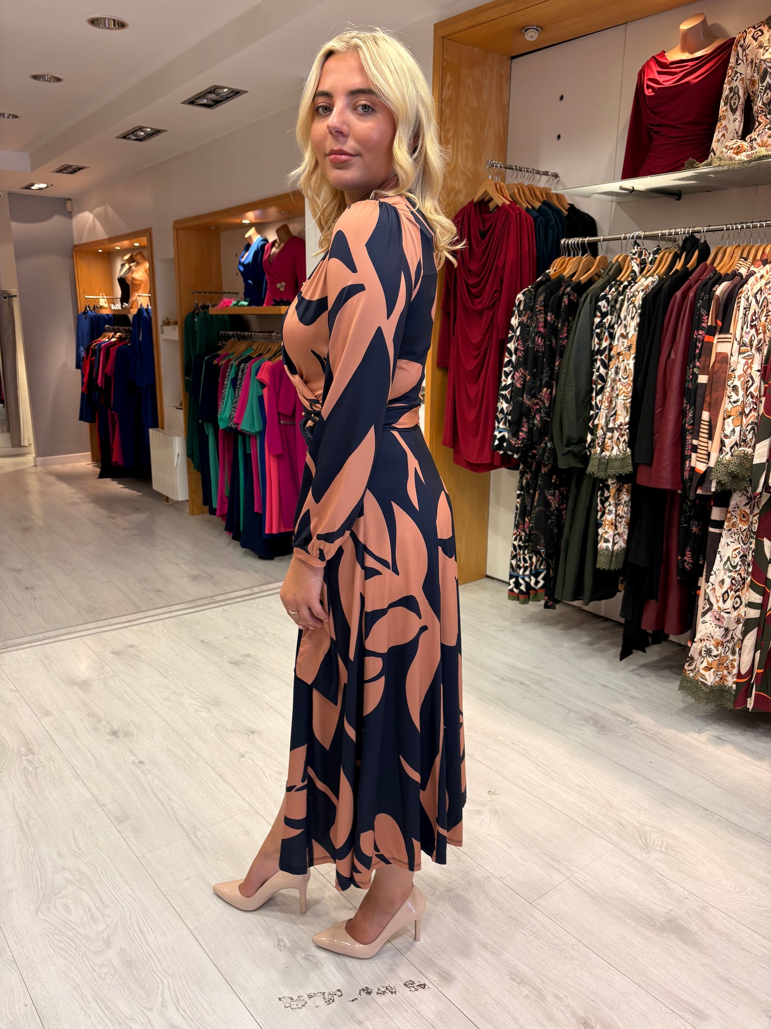 K Design Navy & Peach Leaf Print Wrap Dress