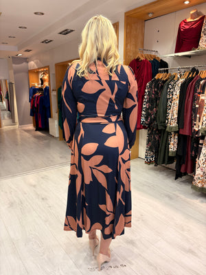K Design Navy & Peach Leaf Print Wrap Dress
