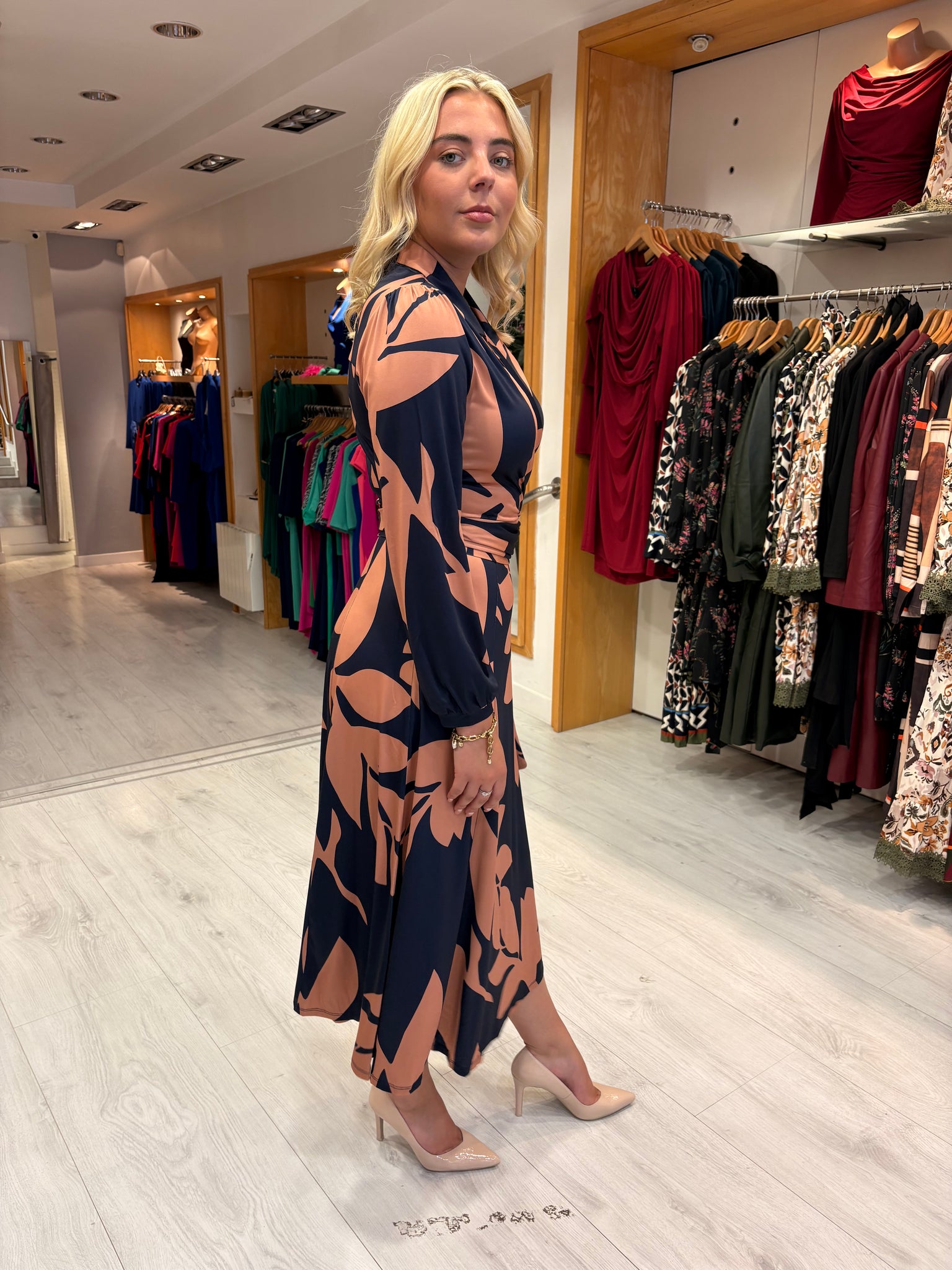 K Design Navy & Peach Leaf Print Wrap Dress