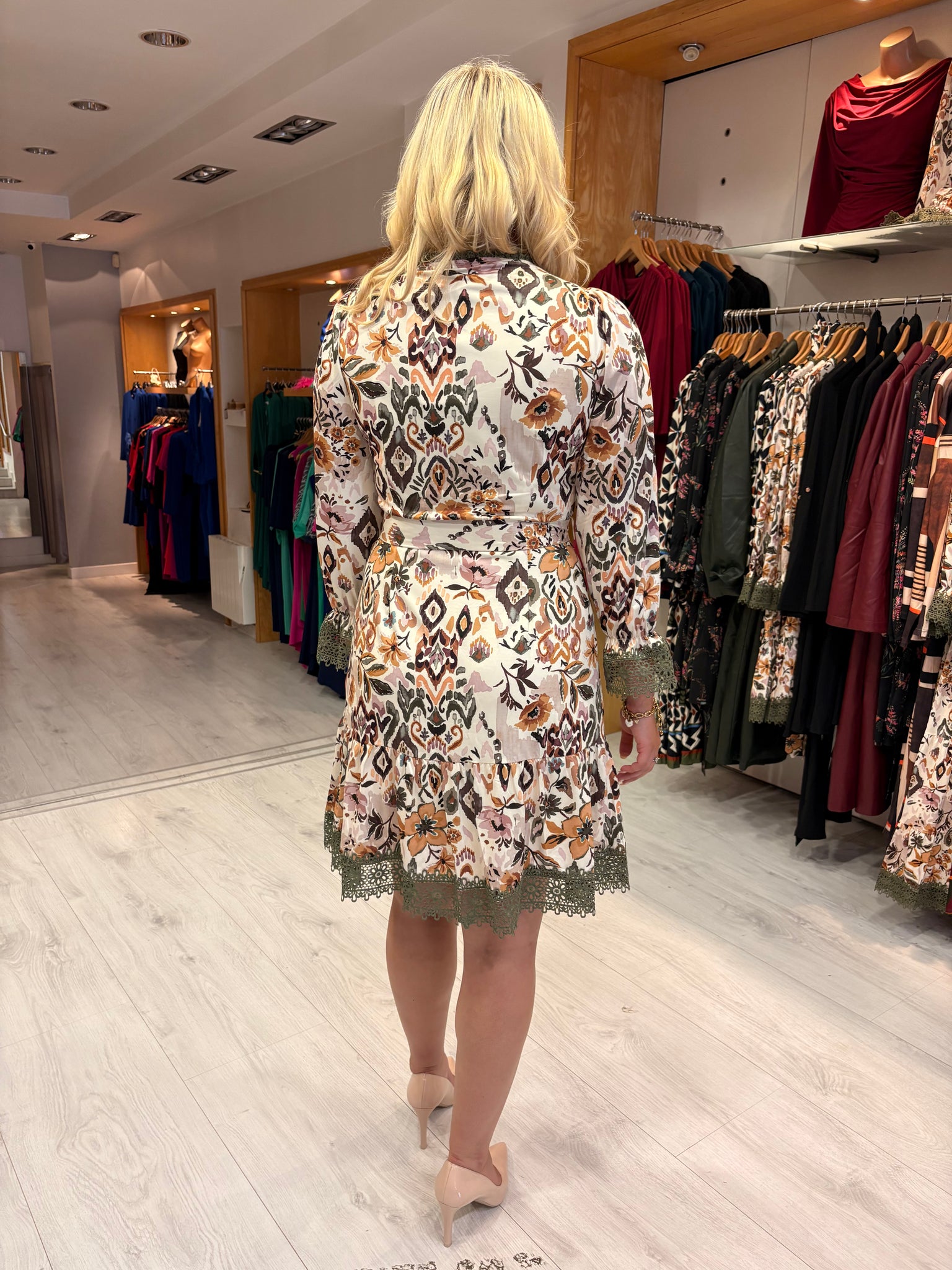 K Design Floral Print Mini Dress with Lace Trim