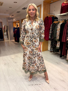 K Design Floral Print Midi Dress with Lace Trim