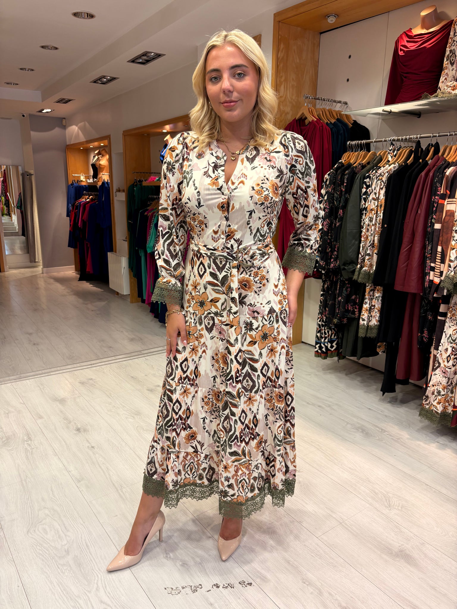 K Design Floral Print Midi Dress with Lace Trim