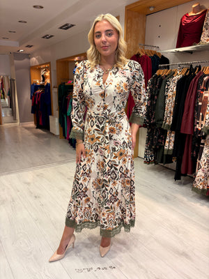 K Design Floral Print Midi Dress with Lace Trim