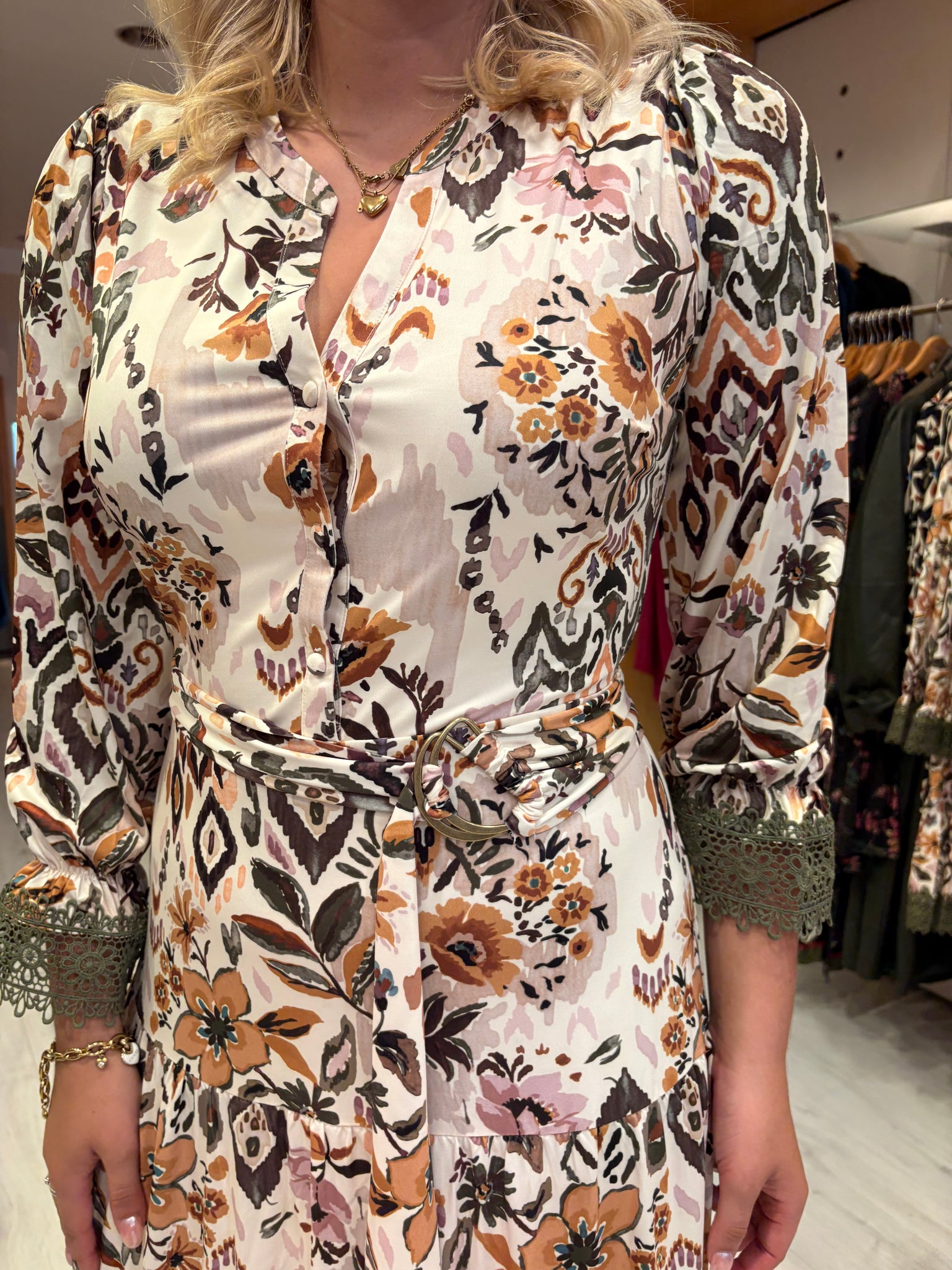 K Design Floral Print Midi Dress with Lace Trim