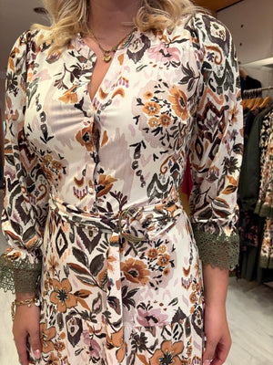 K Design Floral Print Midi Dress with Lace Trim