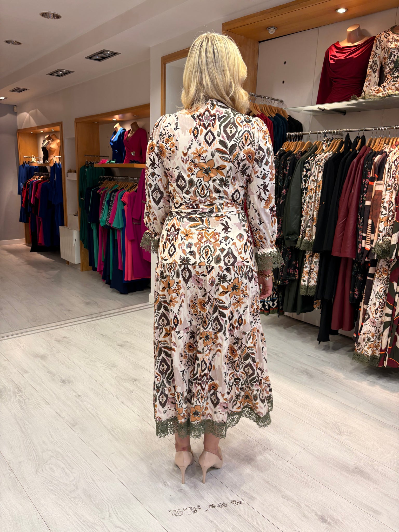 K Design Floral Print Midi Dress with Lace Trim