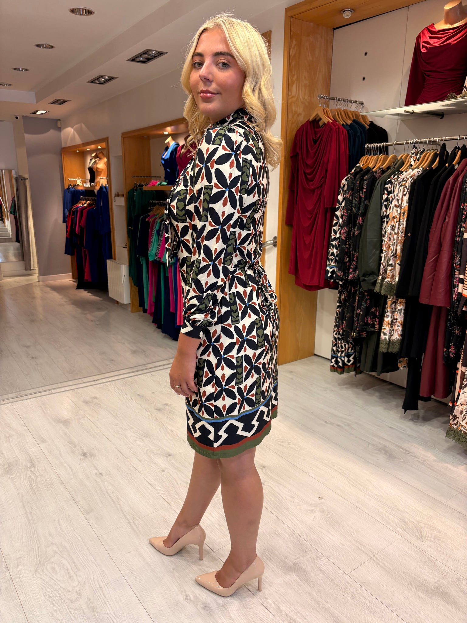 K Design Geometric Print Mini Dress with Scarf Detail