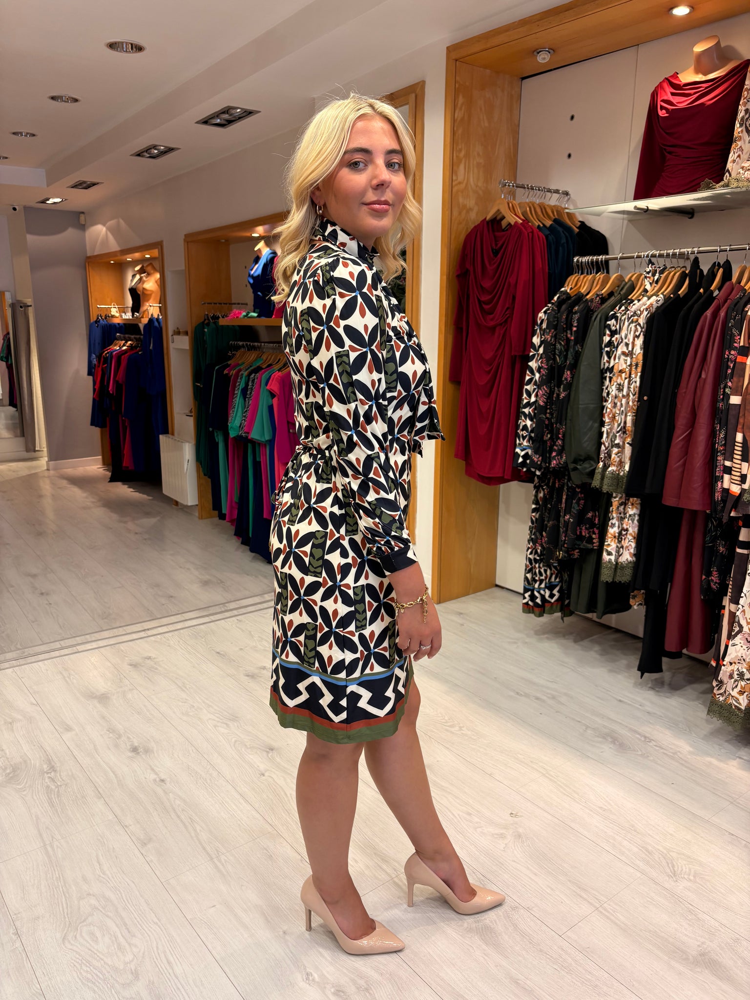 K Design Geometric Print Mini Dress with Scarf Detail