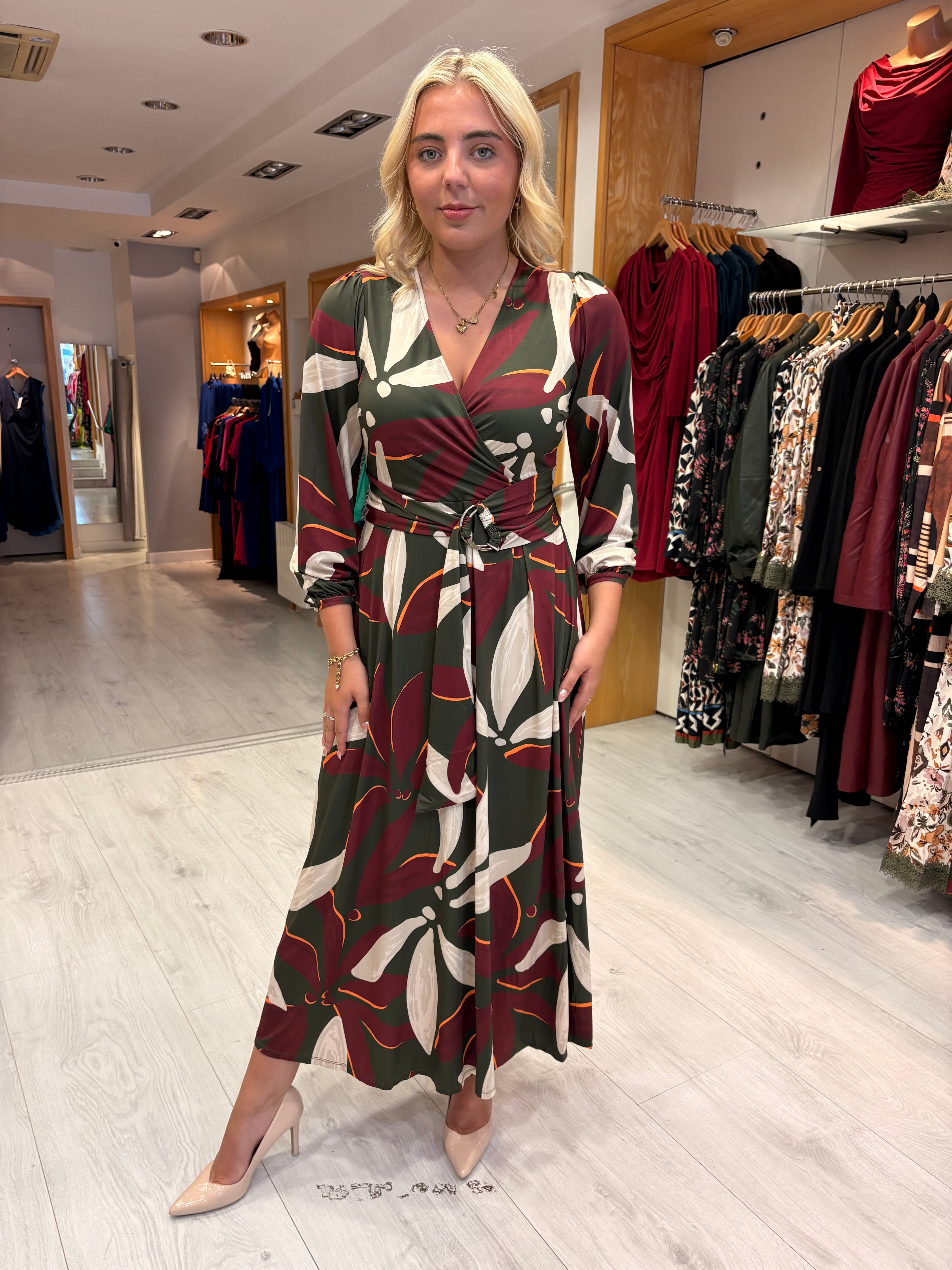 k design maxi dress K Design W316 Pink Tropical Print Maxi Shirt Dress & Belt Rouge Boutique Inverness
