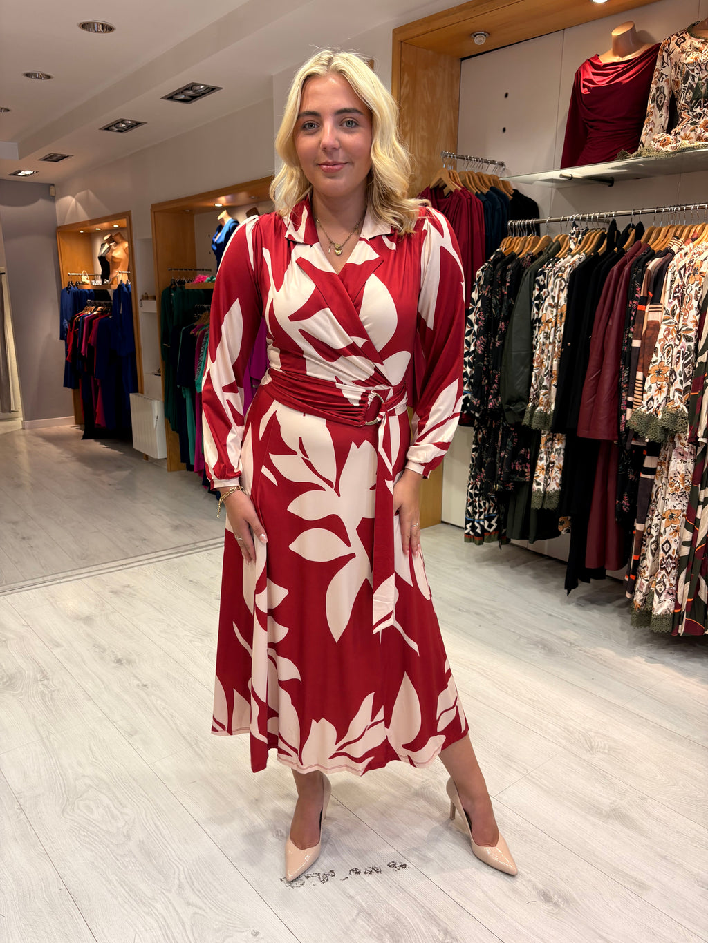 K Design Red & Cream Leaf Print Dress