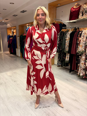 K Design Red & Cream Leaf Print Dress