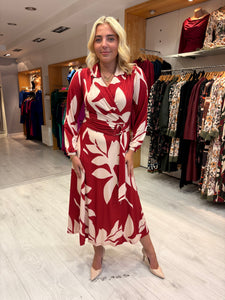 K Design Red & Cream Leaf Print Dress