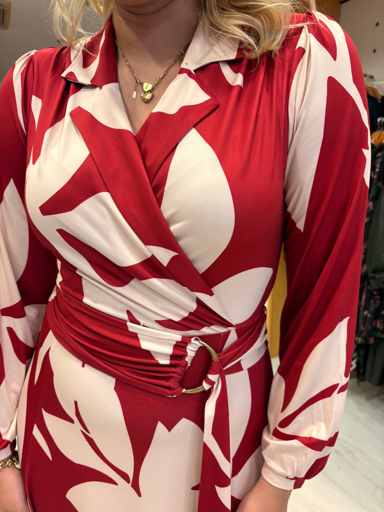 K Design Red & Cream Leaf Print Dress