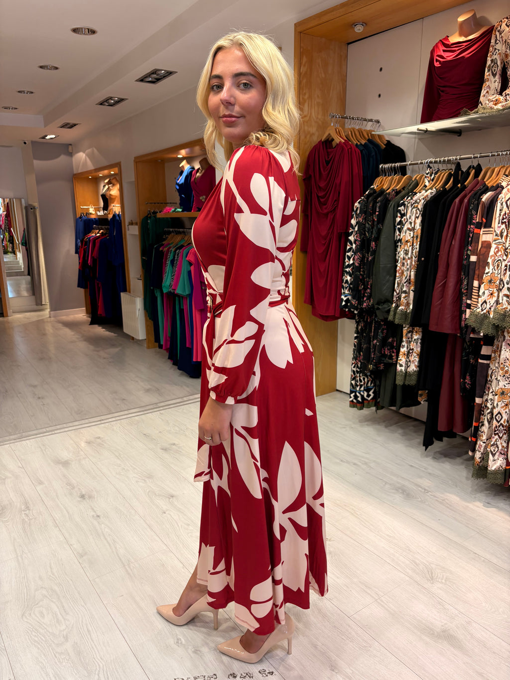 K Design Red & Cream Leaf Print Dress