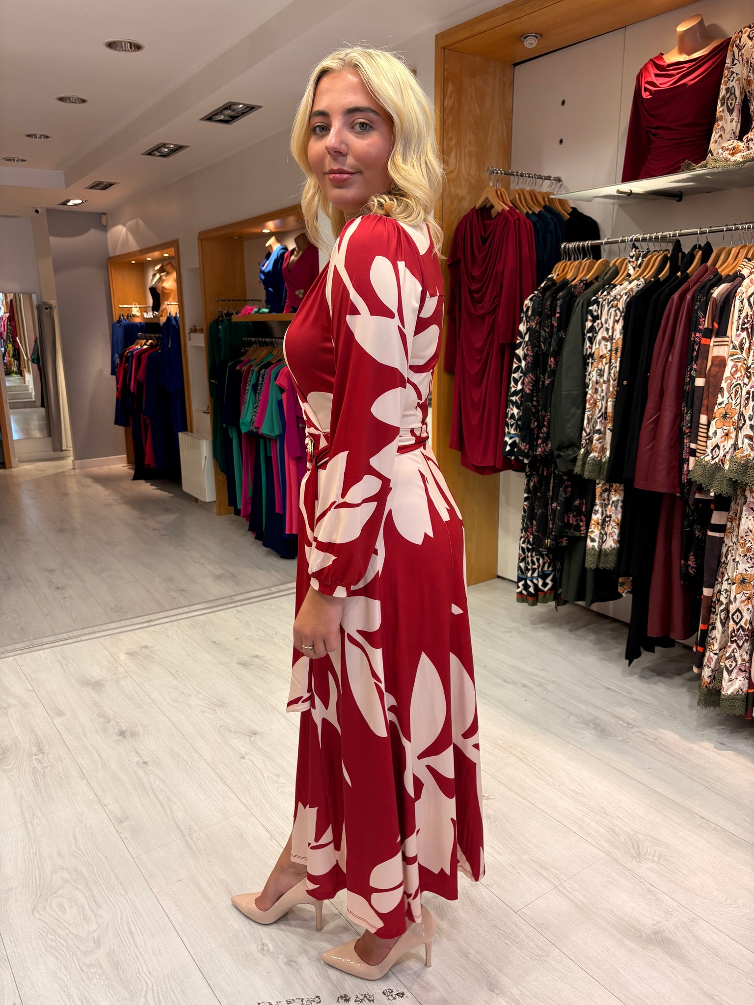 K Design Red & Cream Leaf Print Dress