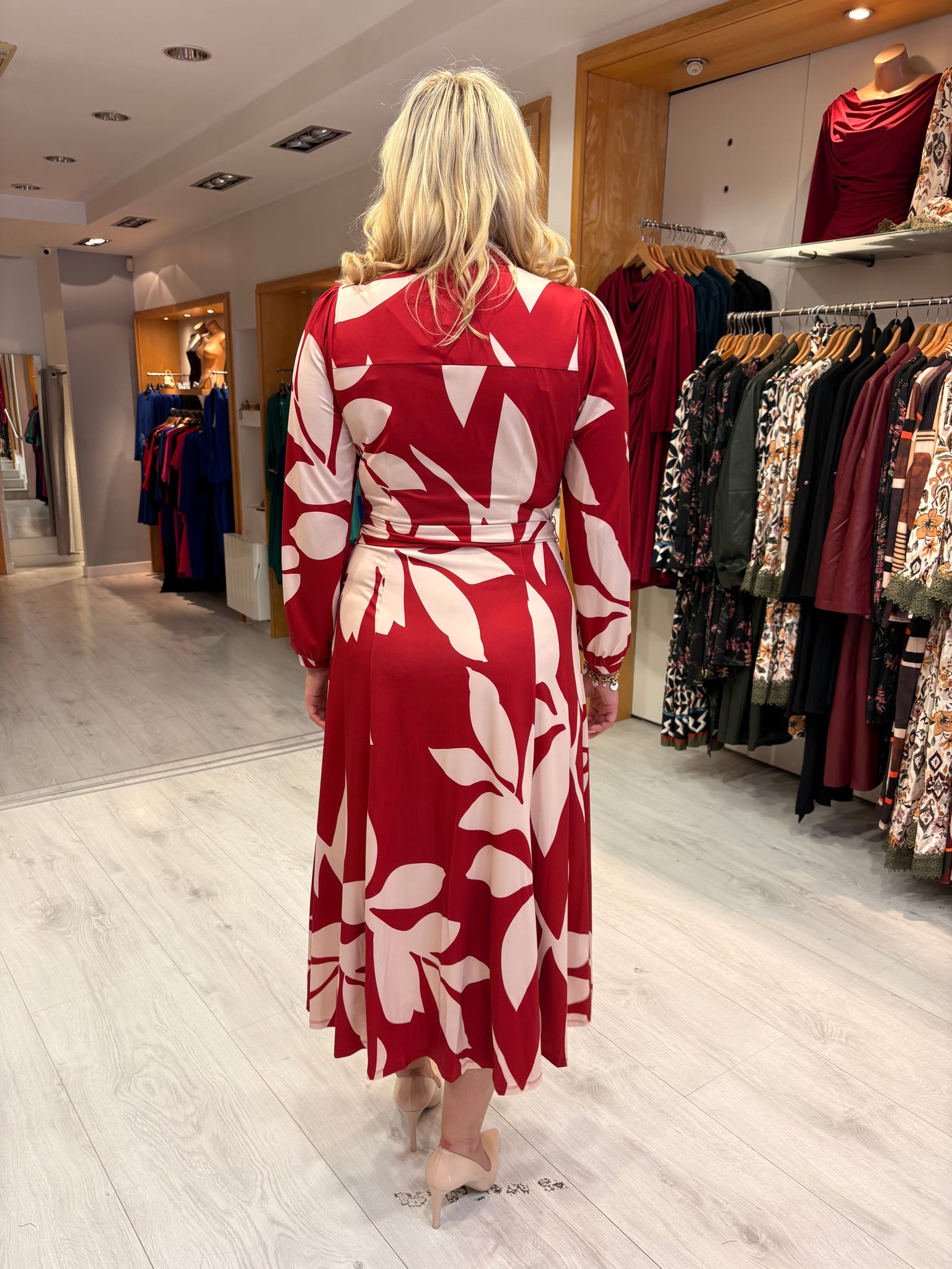 K Design Red & Cream Leaf Print Dress