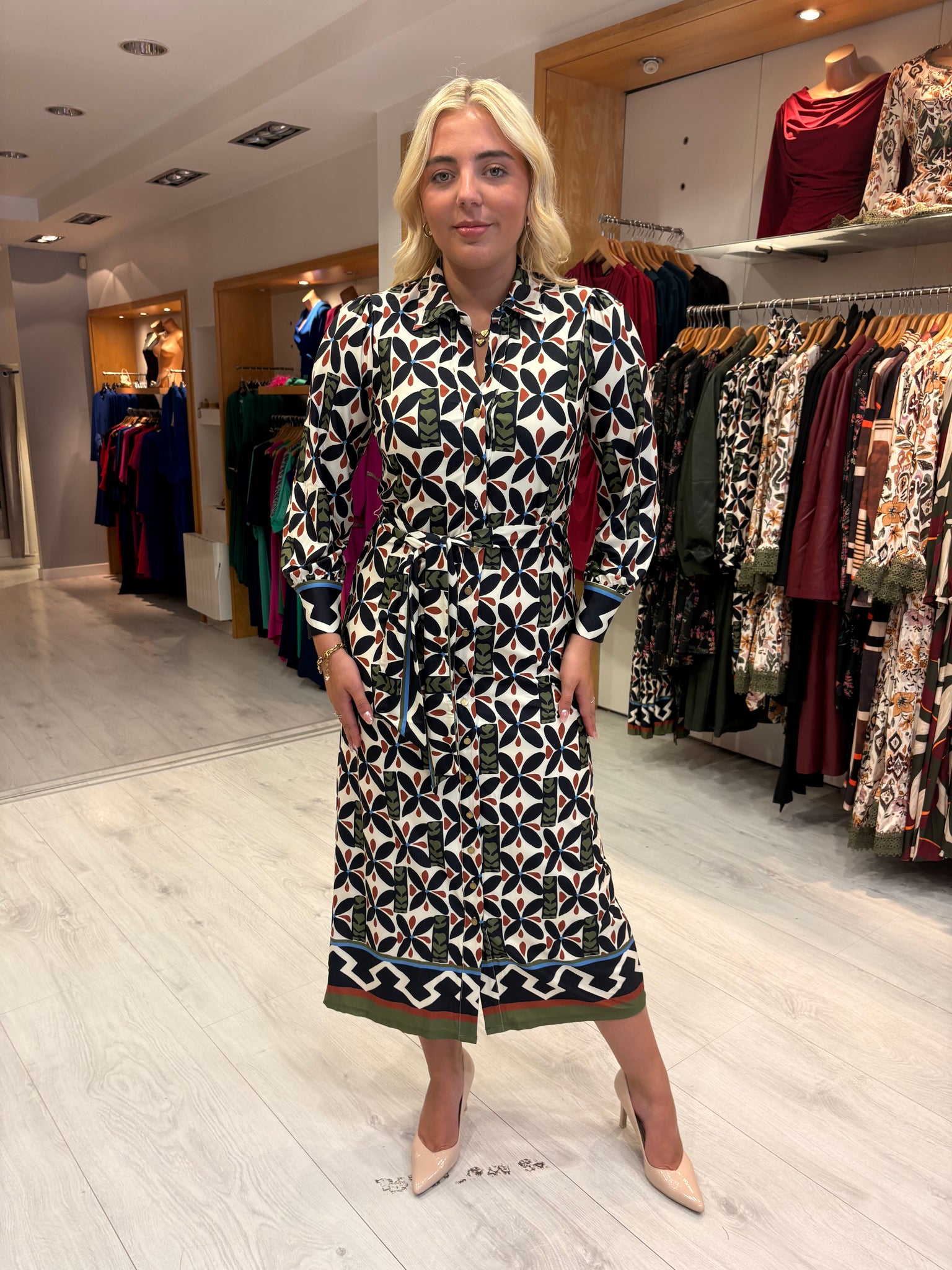 K Design Geometric Print Belted Midi Shirt Dress