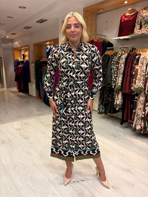 K Design Geometric Print Belted Midi Shirt Dress