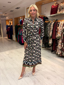 K Design Geometric Print Belted Midi Shirt Dress