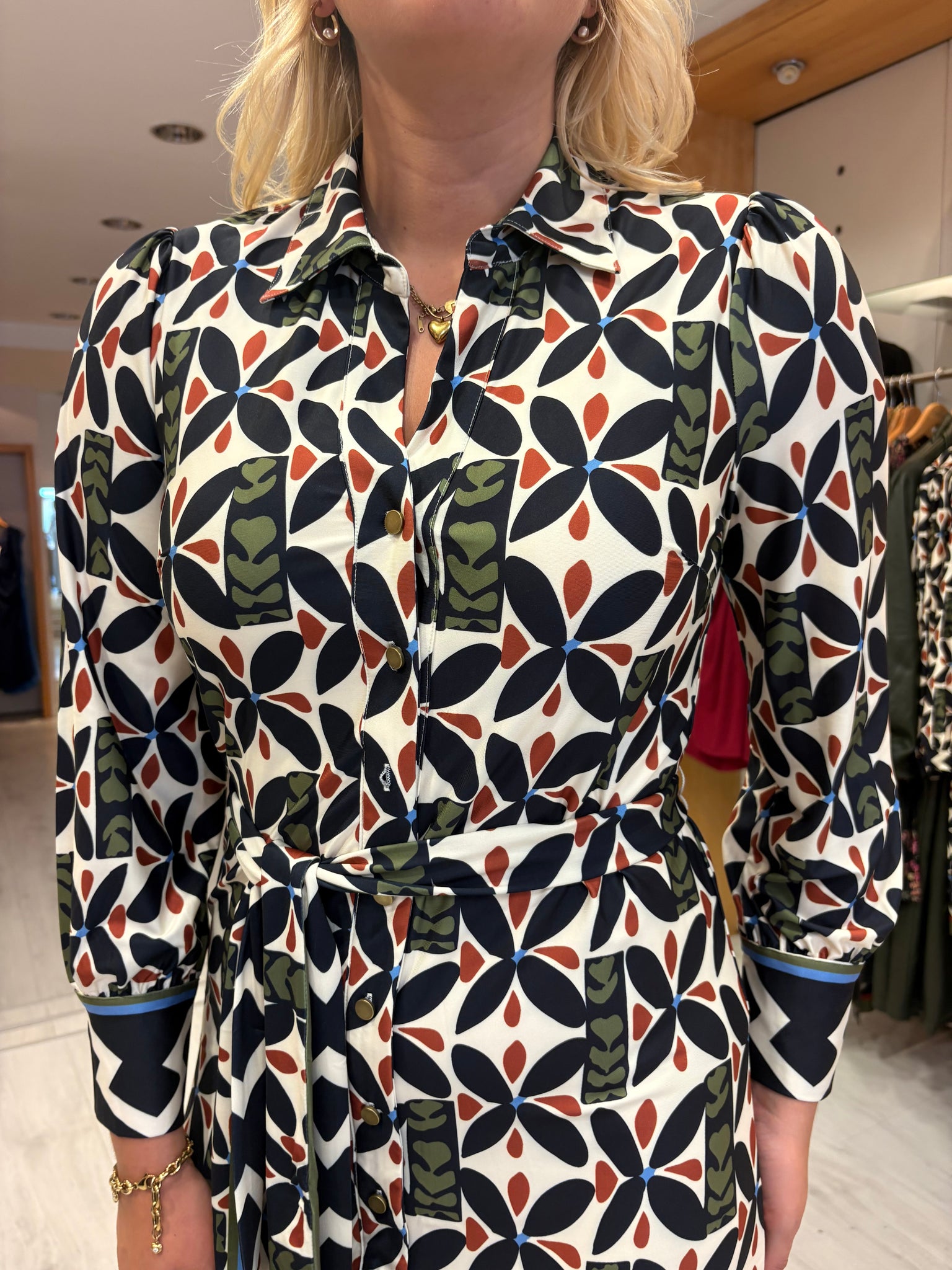 K Design Geometric Print Belted Midi Shirt Dress